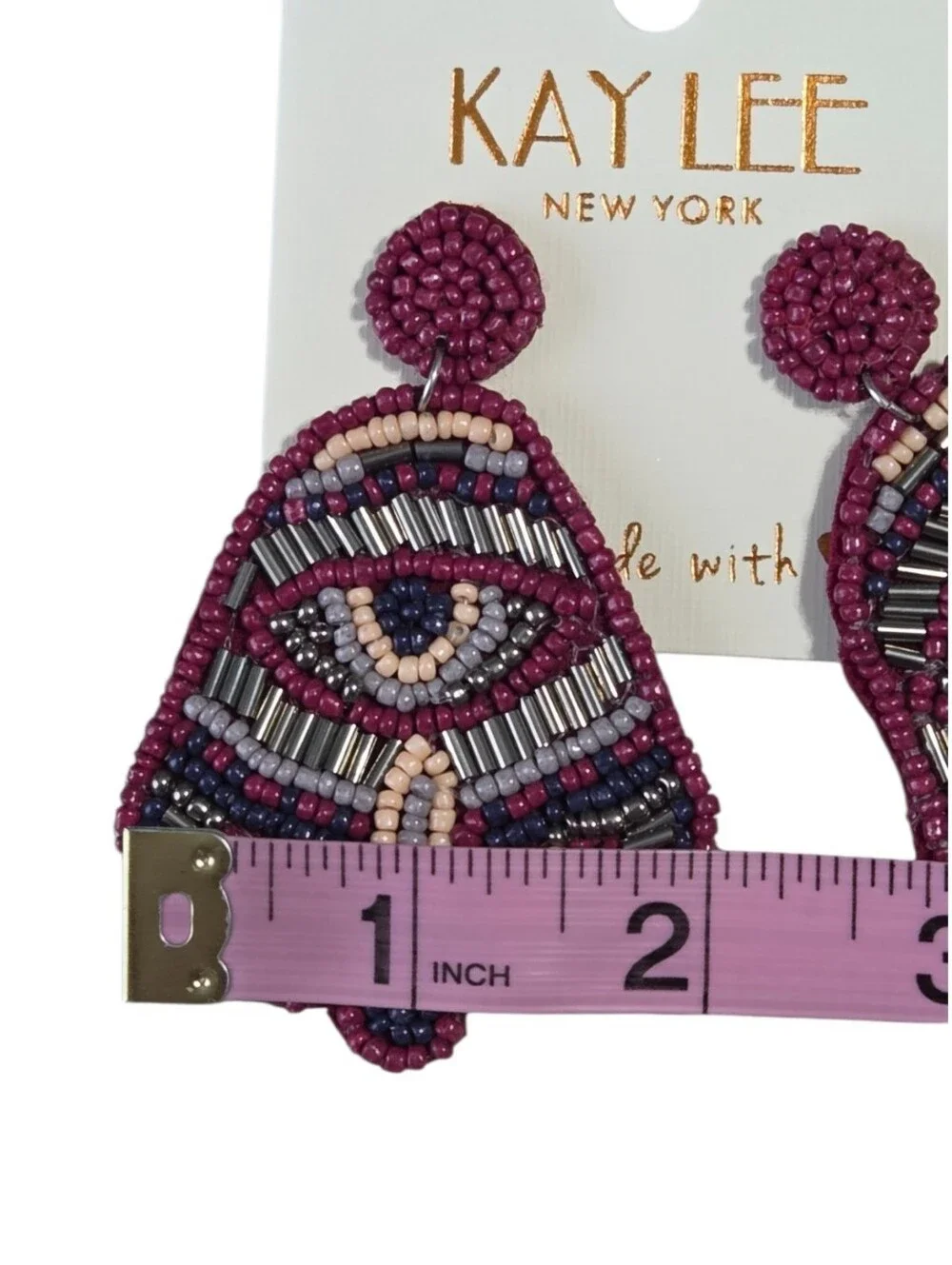 Kaylee New York Pink Beaded Statement Earrings Eye Motif Handmade Boho